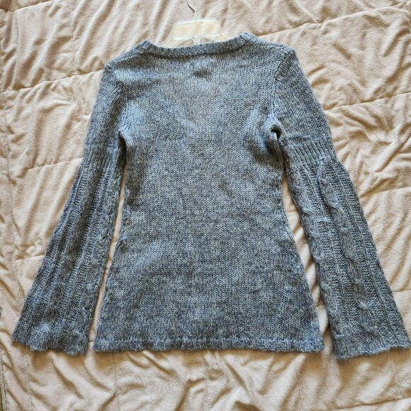NEXT ERA Vintage Y2K Grey Fuzzy Sweater Sz M Bell Sleeve Cable Knit Boho Cottage - Picture 2 of 4